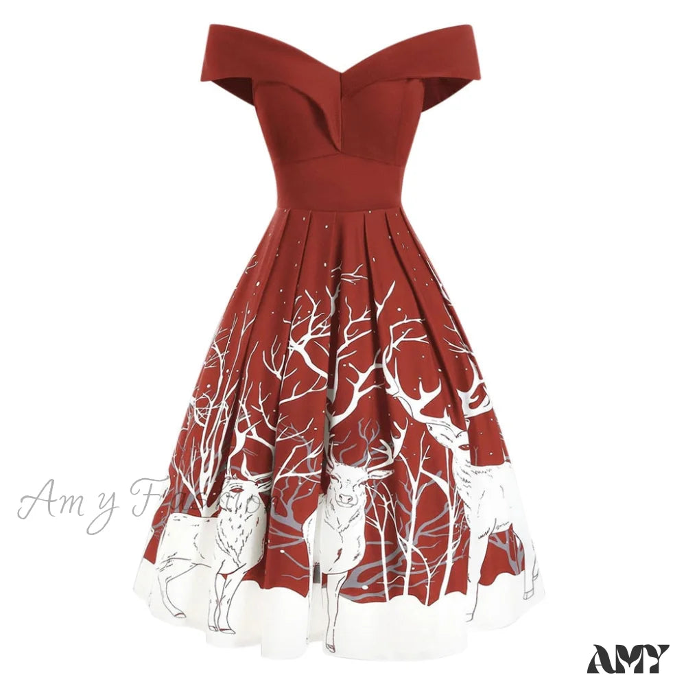 Amy Fashion - Christmas Floral Print Cold Shoulder Flounce Trim Dress