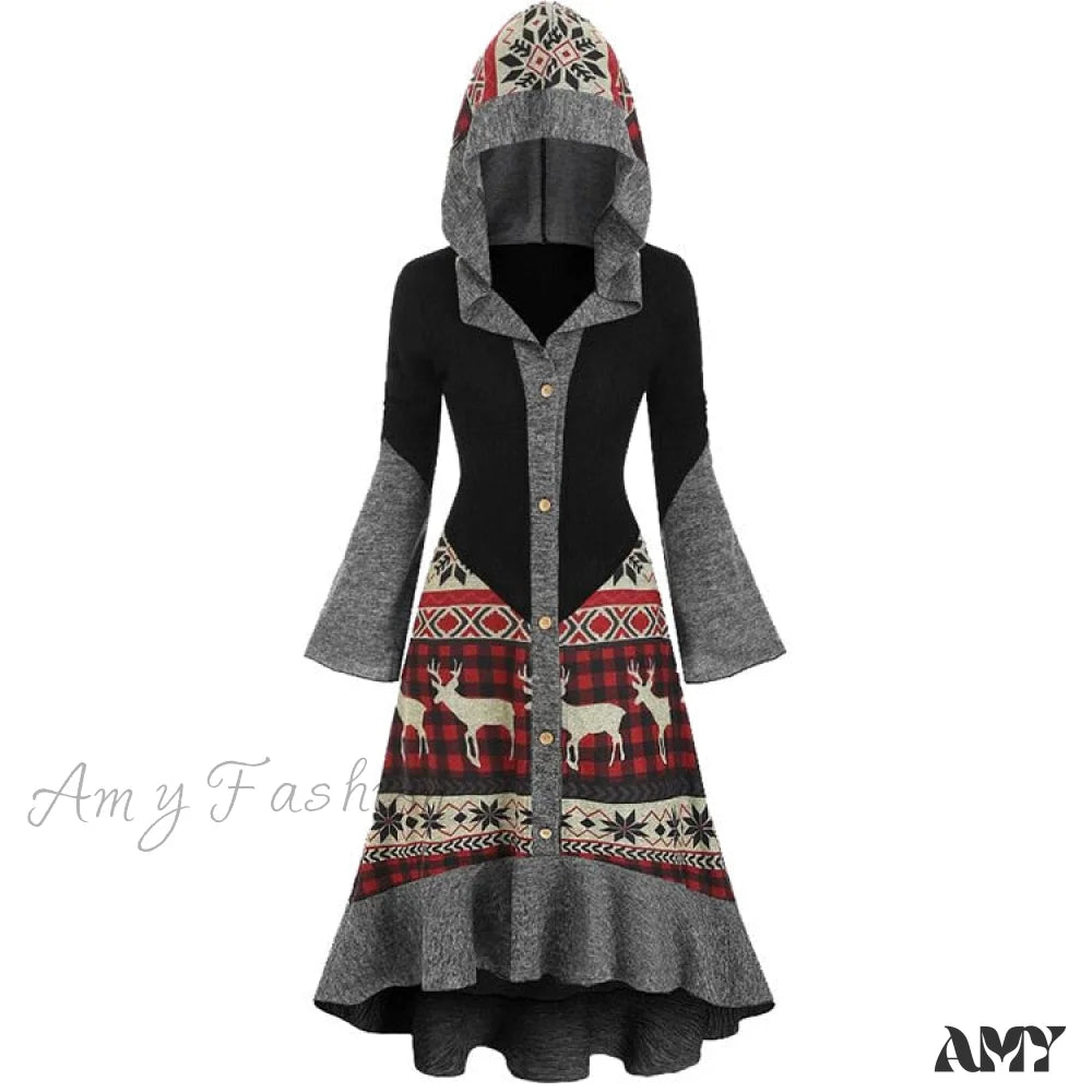 Amy Fashion - Christmas Hooded Vintage Long Sleeve Vestidos Mujer