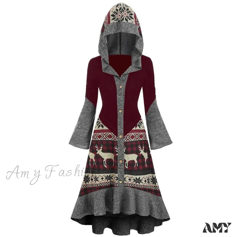 Amy Fashion - Christmas Hooded Vintage Long Sleeve Vestidos Mujer