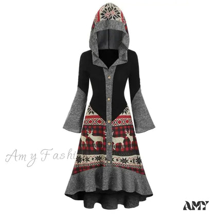 Amy Fashion - Christmas Hooded Vintage Long Sleeve Vestidos Mujer Black / S