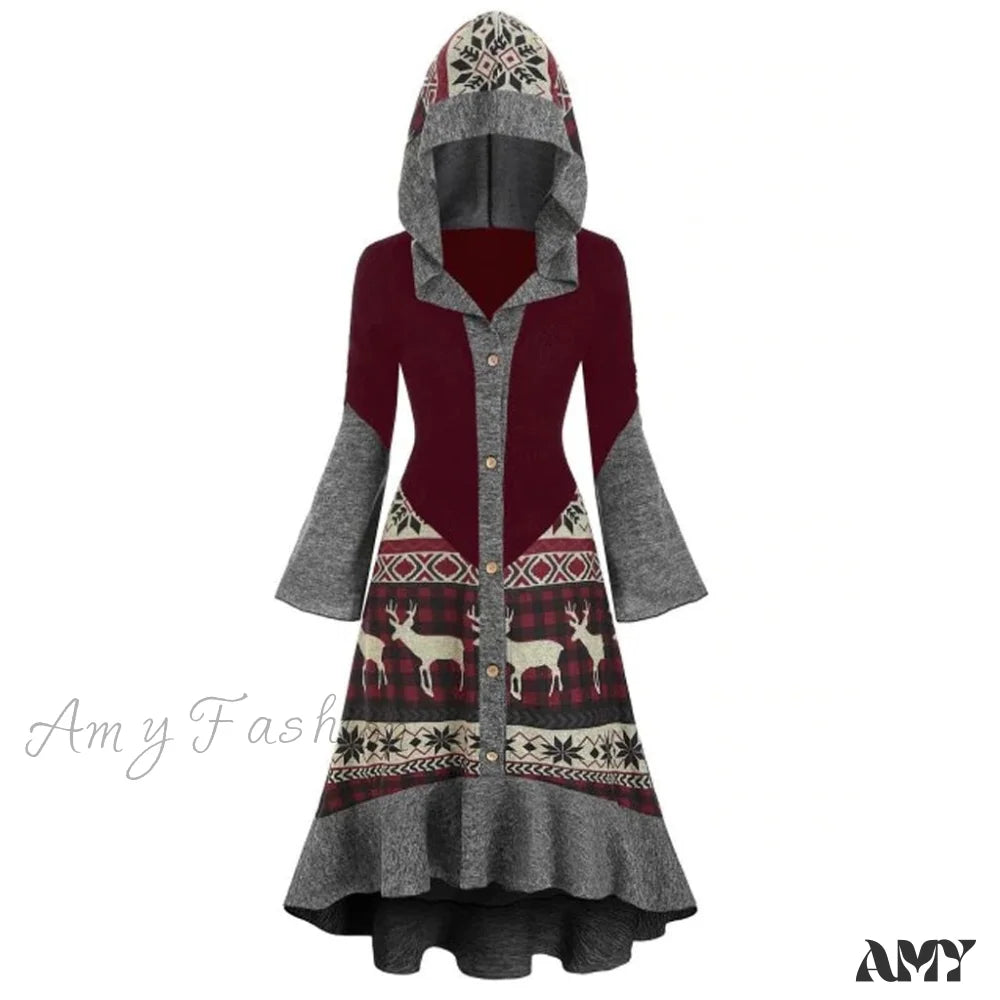 Amy Fashion - Christmas Hooded Vintage Long Sleeve Vestidos Mujer Burgundy / S