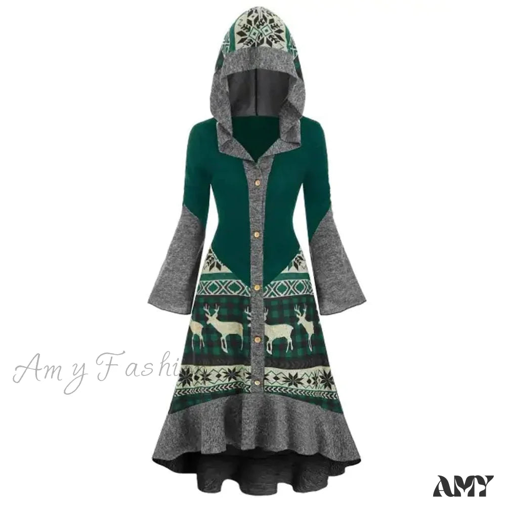 Amy Fashion - Christmas Hooded Vintage Long Sleeve Vestidos Mujer Green / S