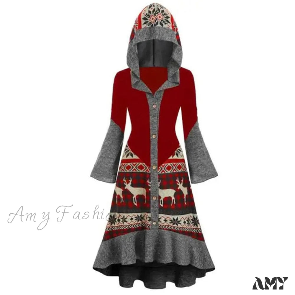 Amy Fashion - Christmas Hooded Vintage Long Sleeve Vestidos Mujer Red / S