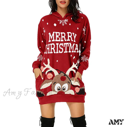 Amy Fashion - Christmas Hoodie Bag Hip Pocket Elk Sweater Dress Red / S