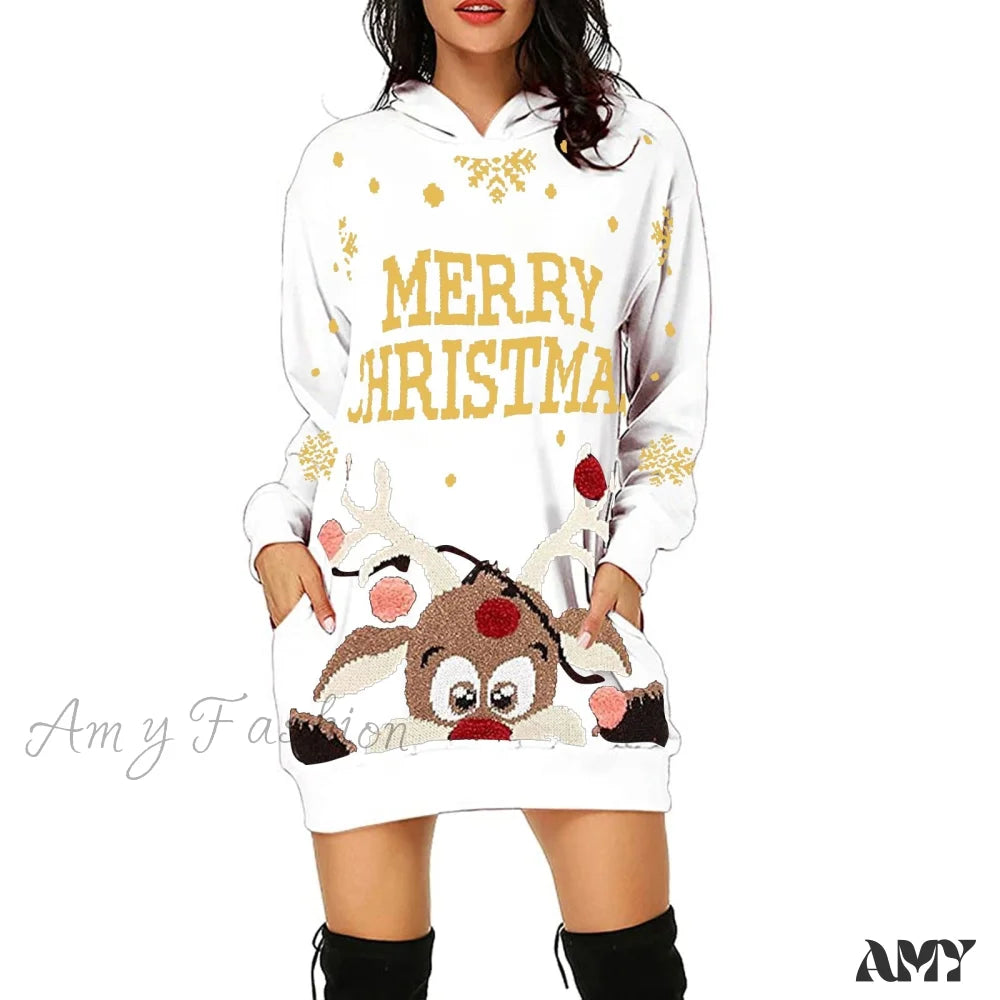 Amy Fashion - Christmas Hoodie Bag Hip Pocket Elk Sweater Dress White / S