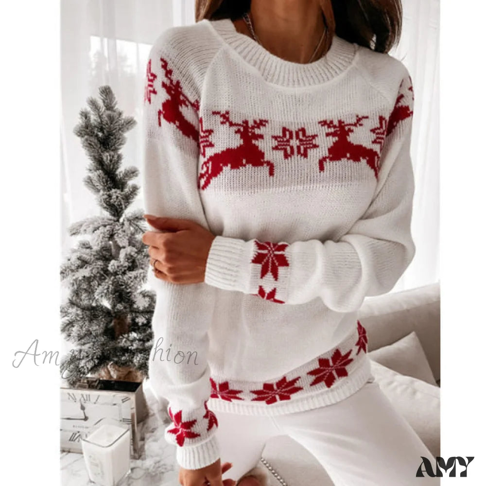 Amy Fashion - Christmas Knitted Long Pullover Sweater White / S