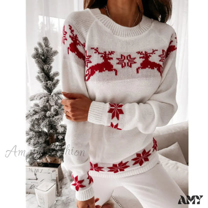 Amy Fashion - Christmas Knitted Long Pullover Sweater White / S