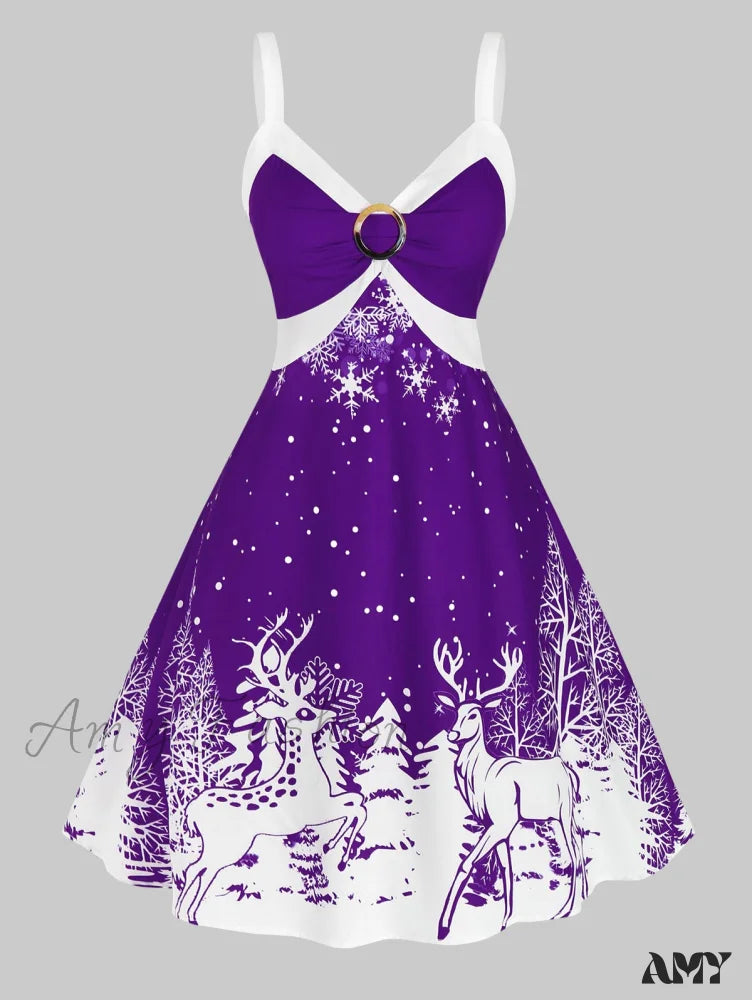 Amy Fashion - Christmas Lace Up Party Colorblock Two Tone Clothing Purple Iris / L