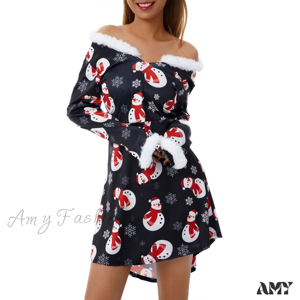 Amy Fashion - Christmas Long Sleeve Plush V Neck Casual Dresses