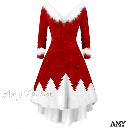 Amy Fashion - Christmas Long Sleeve Plush V Neck Casual Dresses F / S