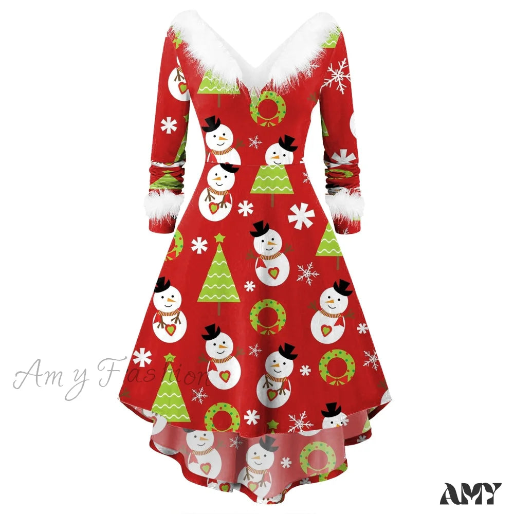 Amy Fashion - Christmas Long Sleeve Plush V Neck Casual Dresses H / S