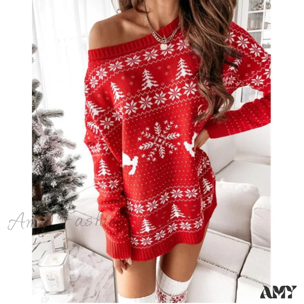 Amy Fashion - Christmas Long Sleeve Pullover Loose Evening Mini Dresses