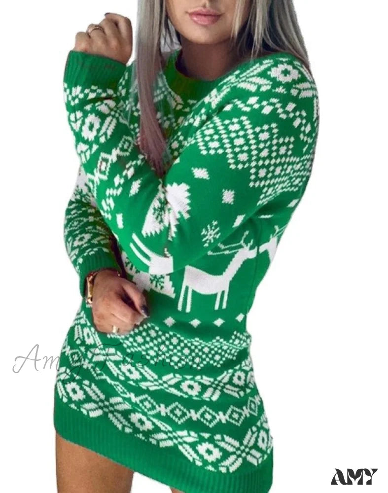 Amy Fashion - Christmas Long Sleeve Round Neck Knitted Pullover Green / S