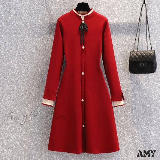 Amy Fashion - Christmas Mini Sweater Thick Long Sleeve Knitted Dress Red / S