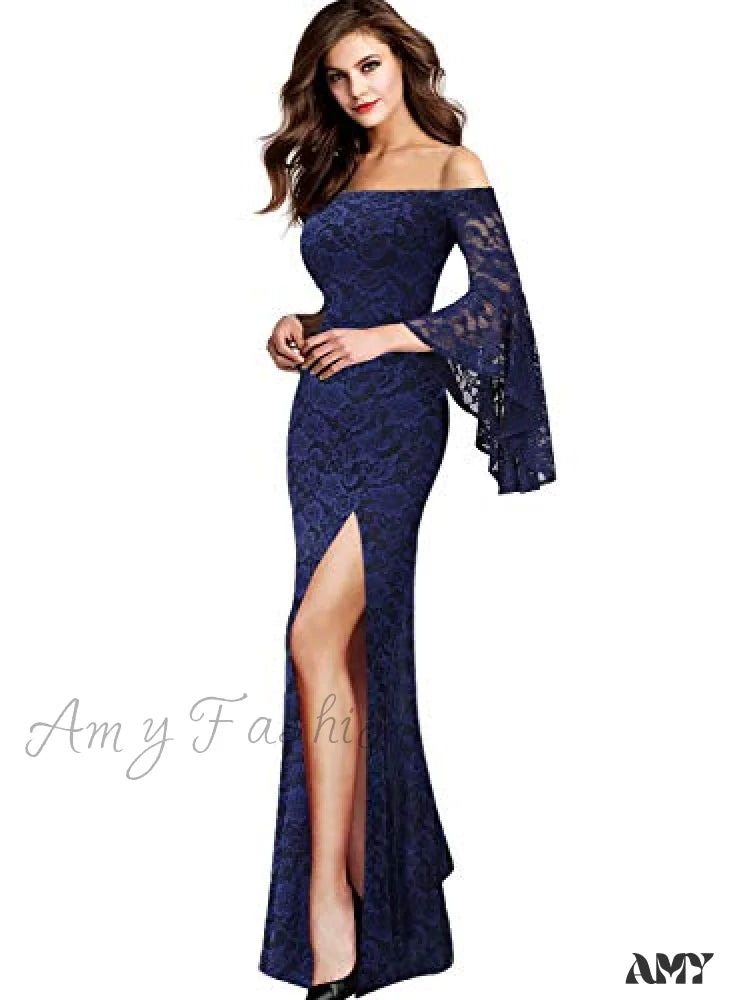 Amy Fashion - Christmas Off Shoulder Bell Sleeve Formal Evening Maxi Dress Blue Lace 2 / Xx-Large