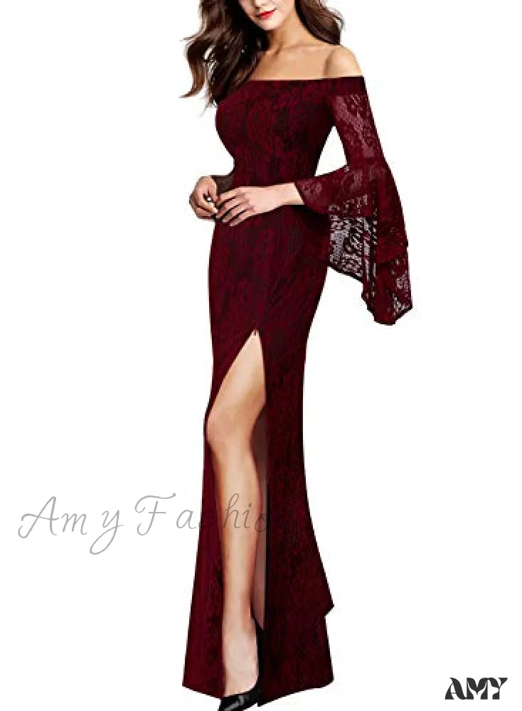 Amy Fashion - Christmas Off Shoulder Bell Sleeve Formal Evening Maxi Dress Dark Red Lace / Xx-Large