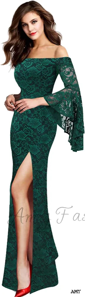 Amy Fashion - Christmas Off Shoulder Bell Sleeve Formal Evening Maxi Dress Green Lace 2 / Large