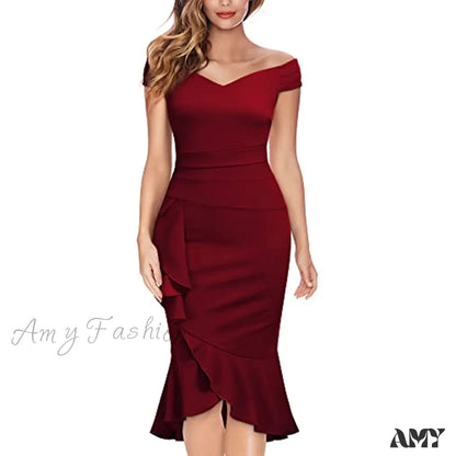 Amy Fashion - Christmas Off Shoulder V-Neck Ruffle Pleat Waist Formal Dress