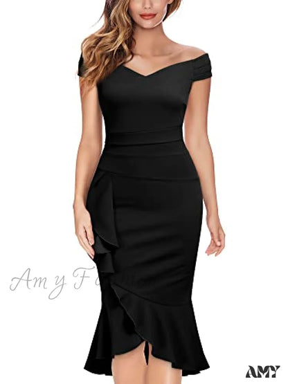 Amy Fashion - Christmas Off Shoulder V-Neck Ruffle Pleat Waist Formal Dress