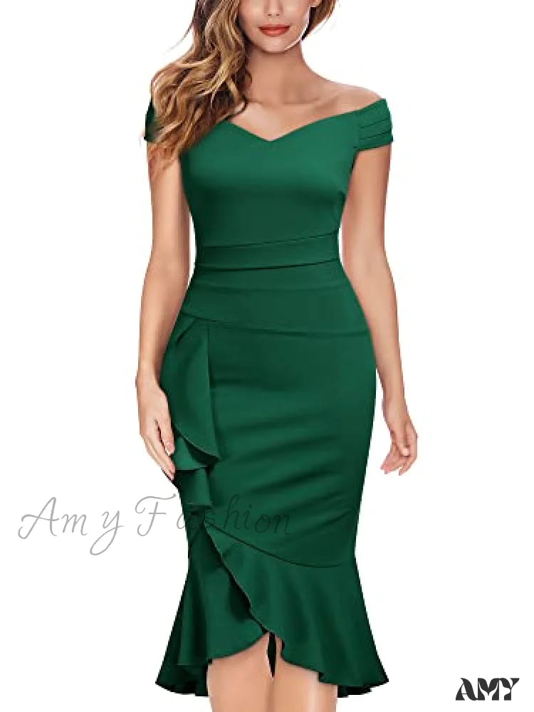 Amy Fashion - Christmas Off Shoulder V-Neck Ruffle Pleat Waist Formal Dress