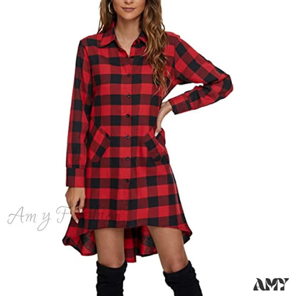 Amy Fashion - Christmas Plaids V Neck Long Sleeve Irregular Hem Dress