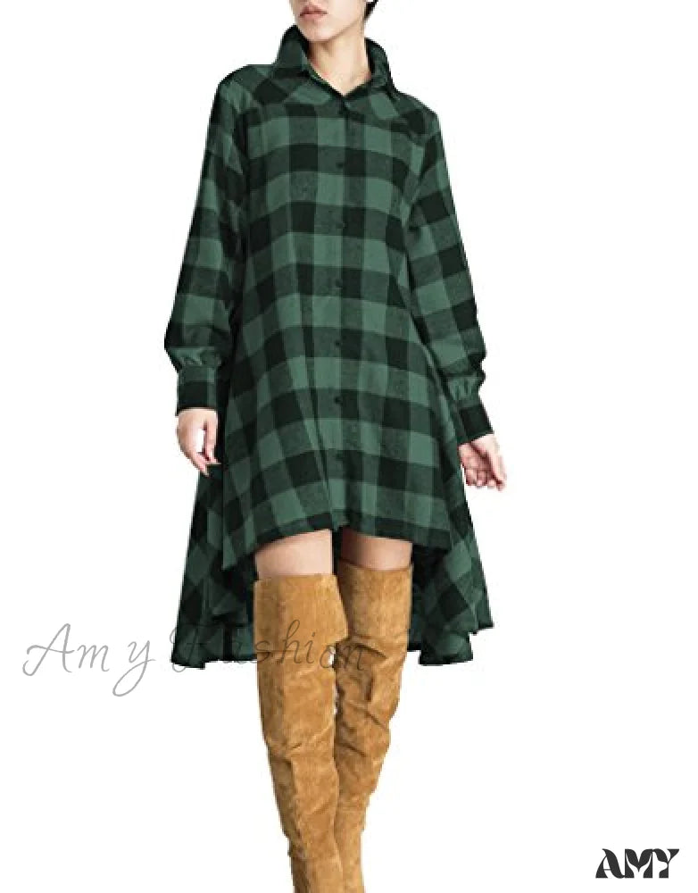 Amy Fashion - Christmas Plaids V Neck Long Sleeve Irregular Hem Dress