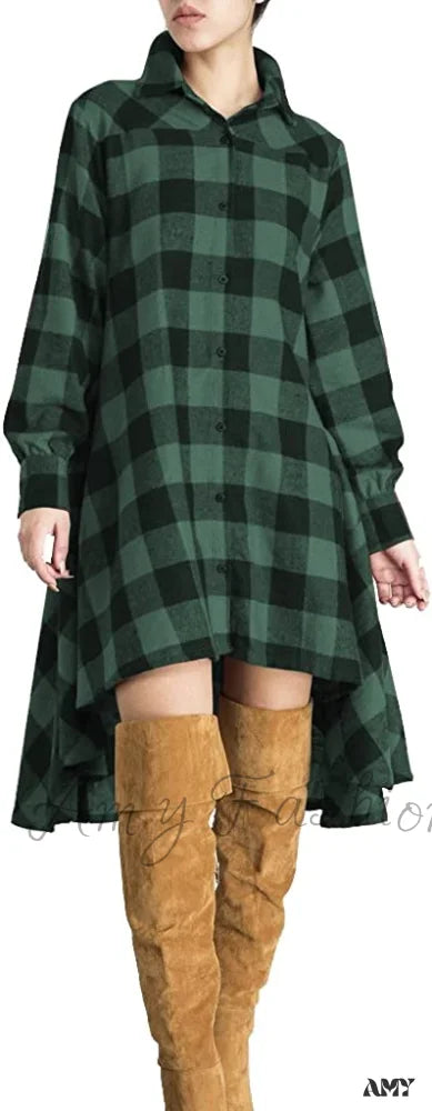 Amy Fashion - Christmas Plaids V Neck Long Sleeve Irregular Hem Dress Green / X-Large