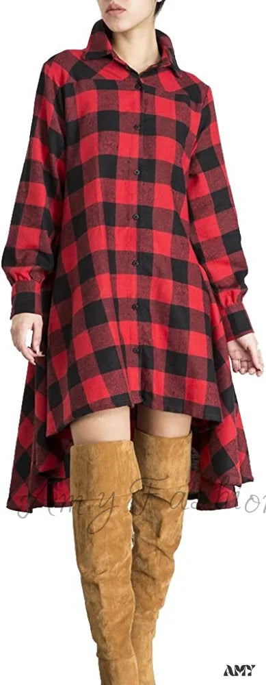 Amy Fashion - Christmas Plaids V Neck Long Sleeve Irregular Hem Dress Red / Medium