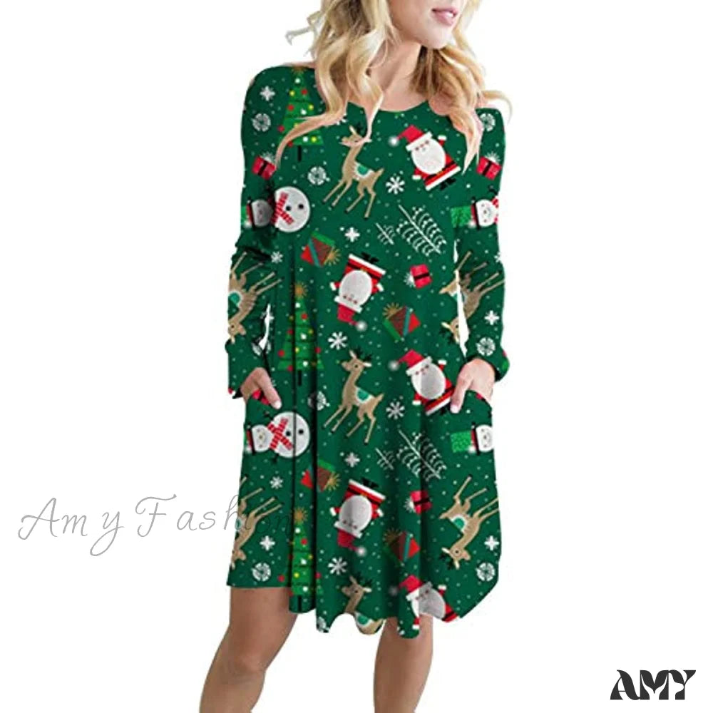 Amy Fashion - Christmas Print Pullover Flared A Line Dress