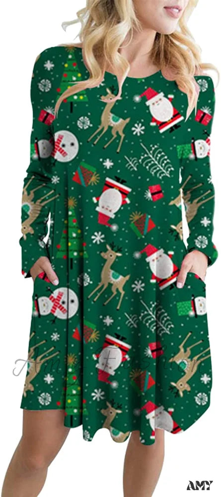 Amy Fashion - Christmas Print Pullover Flared A Line Dress Snowman Pocket 1 / Xx-Large