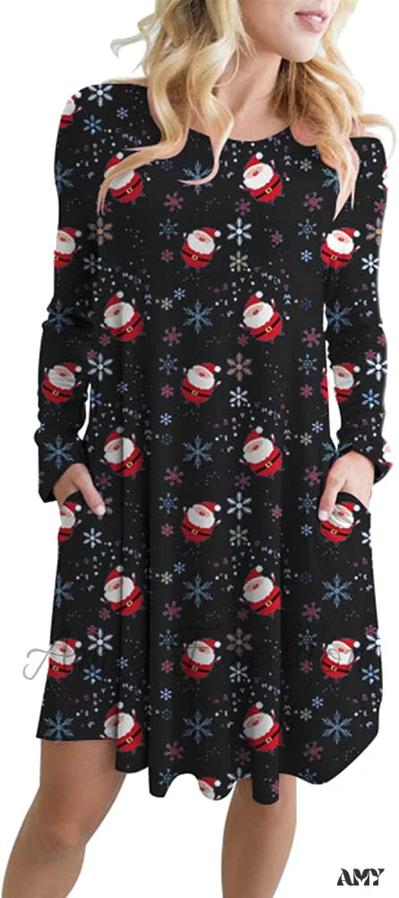 Amy Fashion - Christmas Print Pullover Flared A Line Dress Snowman Pocket 3 / X-Large