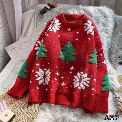 Amy Fashion - Christmas Red Deer Sweater Burgundy / One Size