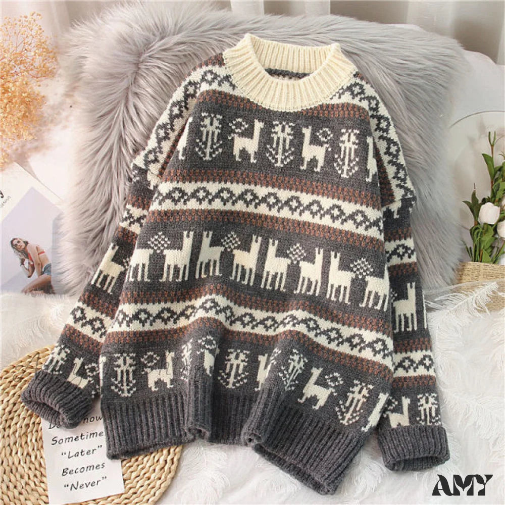 Amy Fashion - Christmas Red Deer Sweater Dark Grey / One Size