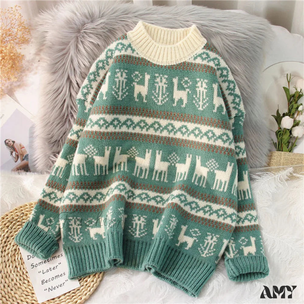 Amy Fashion - Christmas Red Deer Sweater Green / One Size