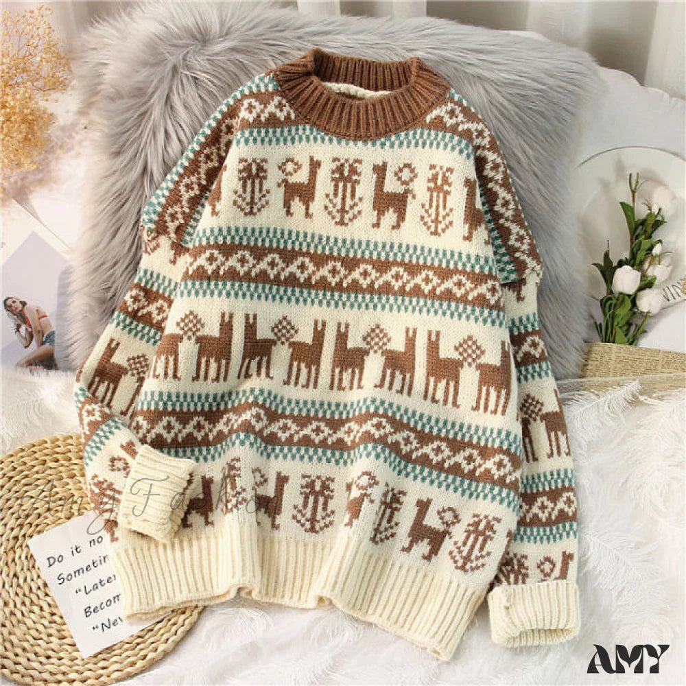 Amy Fashion - Christmas Red Deer Sweater Ivory / One Size