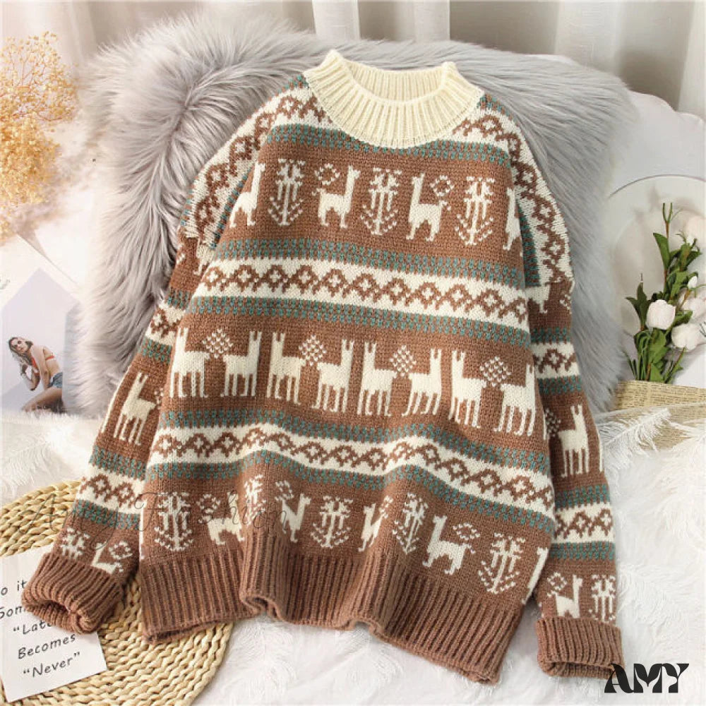 Amy Fashion - Christmas Red Deer Sweater Khaki / One Size