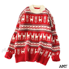 Amy Fashion - Christmas Red Deer Sweater / One Size