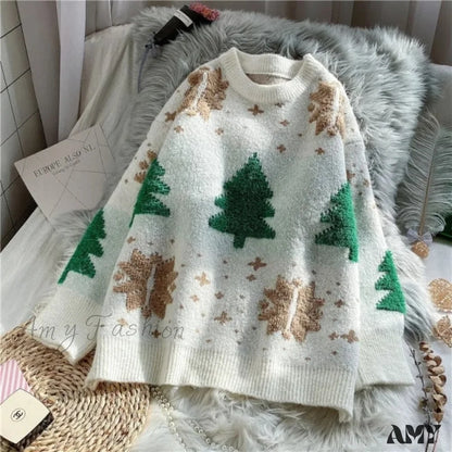 Amy Fashion - Christmas Red Deer Sweater White / One Size