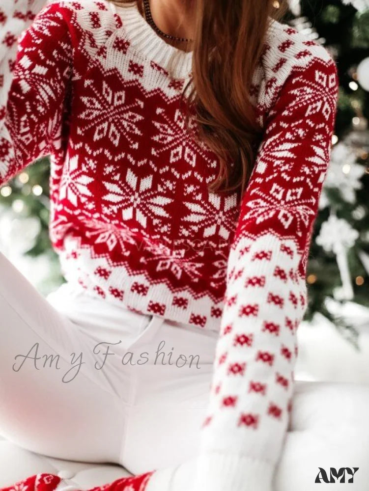 Amy Fashion - Christmas Santa Snowflake Sweaters Red 1 / S