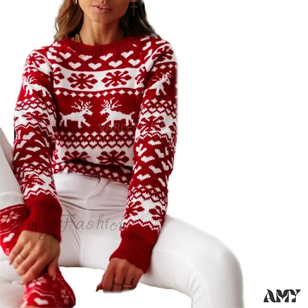 Amy Fashion - Christmas Santa Snowflake Sweaters Red 2 / S