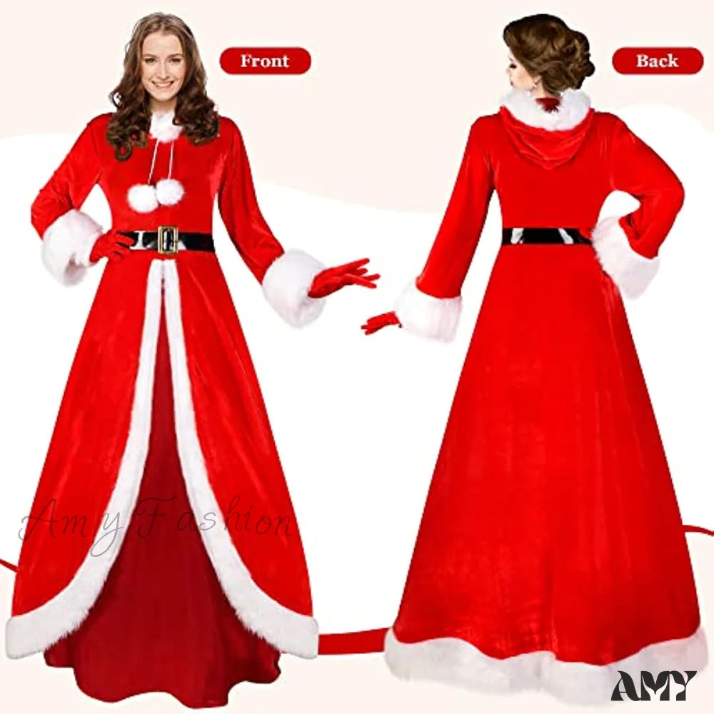 Amy Fashion - Christmas Velvet Hooded Outfit Red Gloves Deluxe Classic Costume