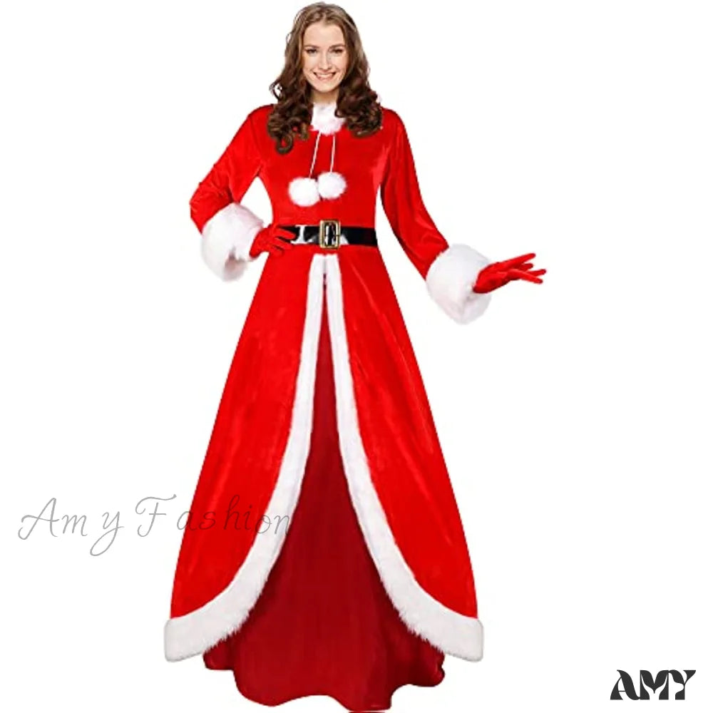 Amy Fashion - Christmas Velvet Hooded Outfit Red Gloves Deluxe Classic Costume Medium