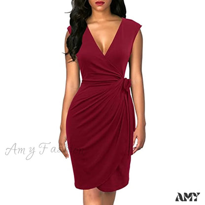 Amy Fashion - Christmas Vintage V-Neck Sheath Faux Black Wrap Dress