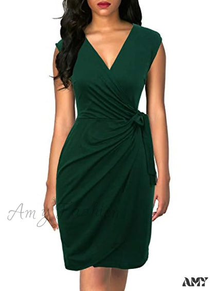 Amy Fashion - Christmas Vintage V-Neck Sheath Faux Black Wrap Dress