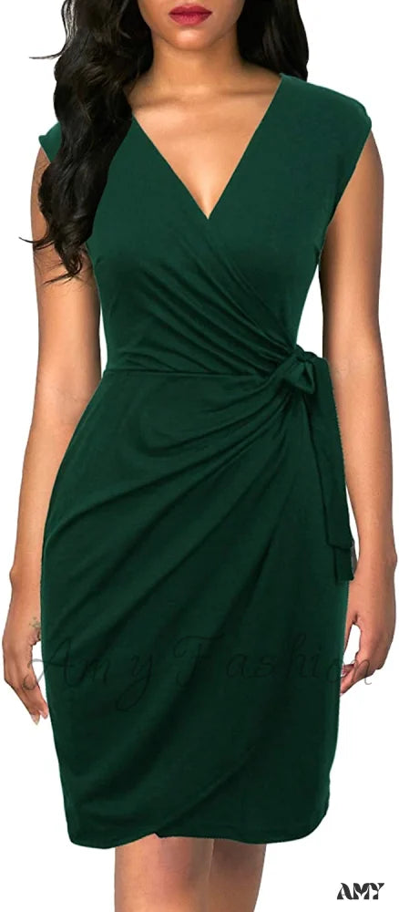 Amy Fashion - Christmas Vintage V-Neck Sheath Faux Black Wrap Dress Dark Green / Small