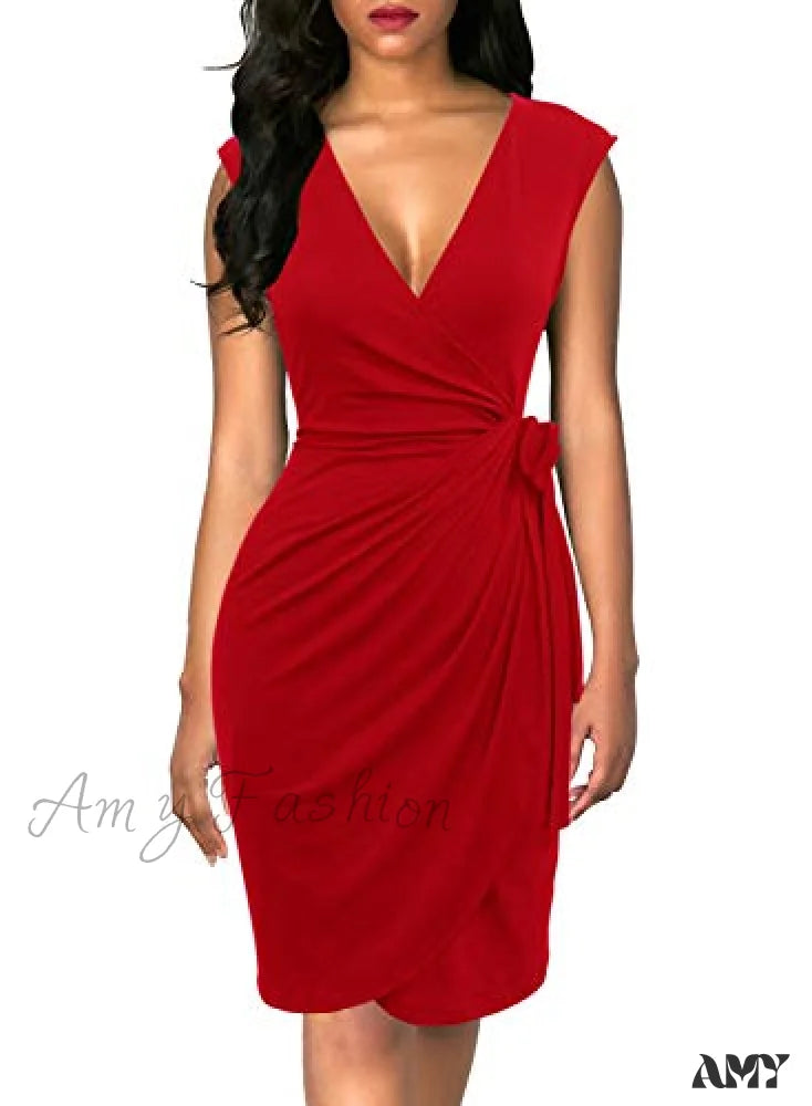 Amy Fashion - Christmas Vintage V-Neck Sheath Faux Black Wrap Dress Red / Large