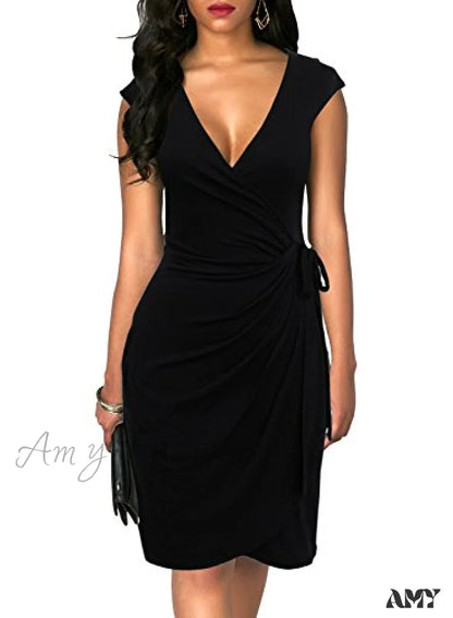 Amy Fashion - Christmas Vintage V-Neck Sheath Faux Black Wrap Dress / Small