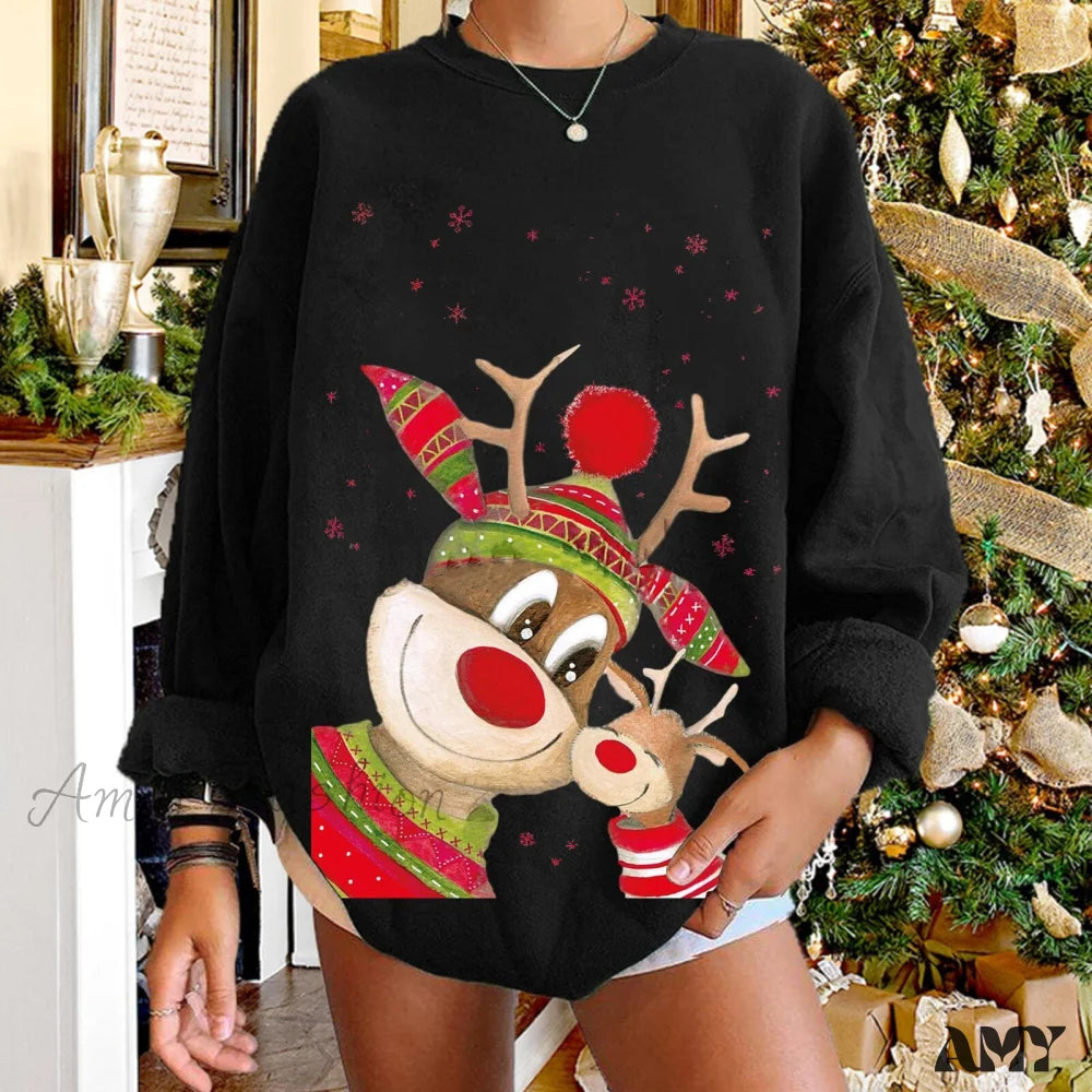 Amy Fashion - Christmas Women Elk Print Sweaters Black / S