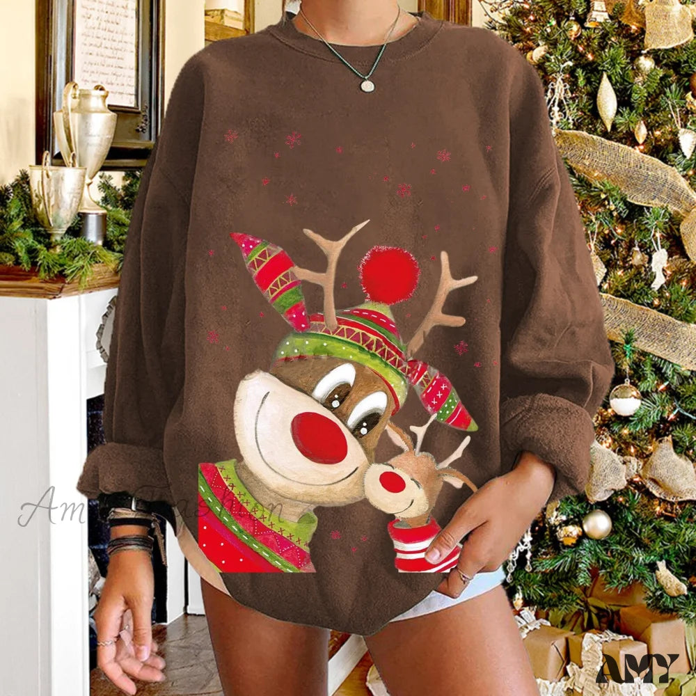 Amy Fashion - Christmas Women Elk Print Sweaters Dark Brown / S