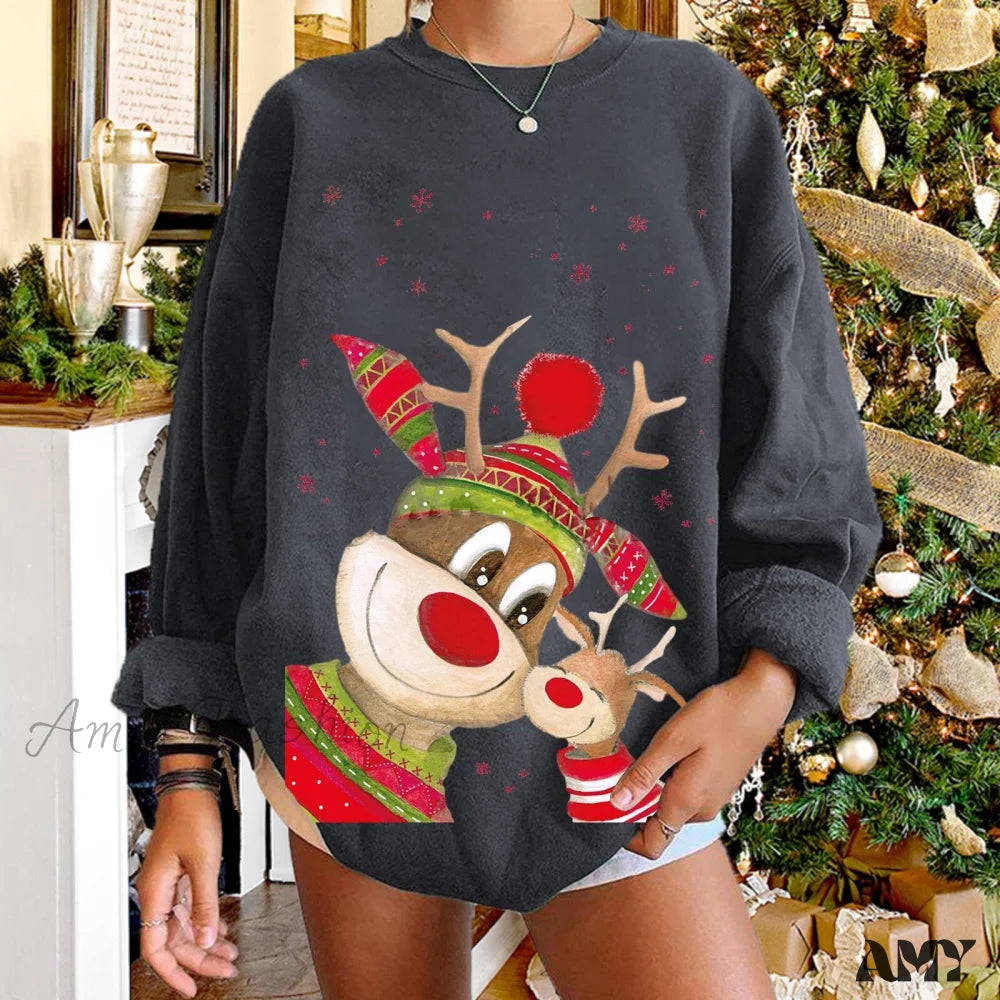 Amy Fashion - Christmas Women Elk Print Sweaters Dark Grey / S